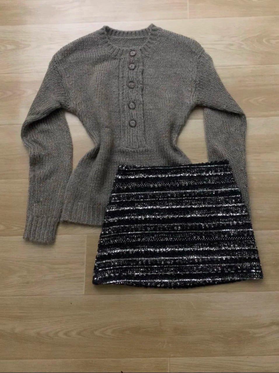 Gray Button Knit Dress with Layered Sequin Skirt Y2K Two - Piece Set - tutufox -