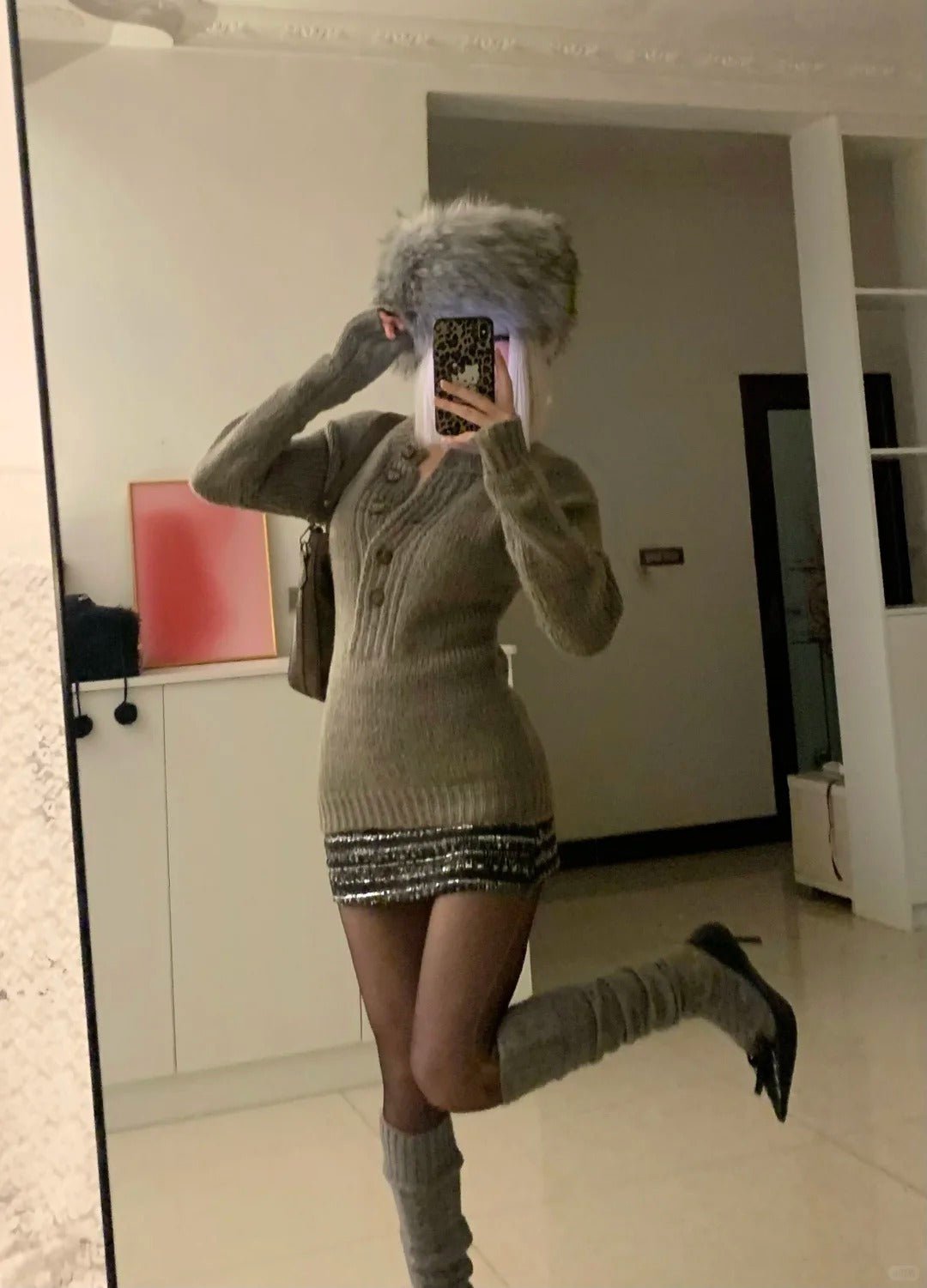 Gray Button Knit Dress with Layered Sequin Skirt Y2K Two - Piece Set - tutufox -