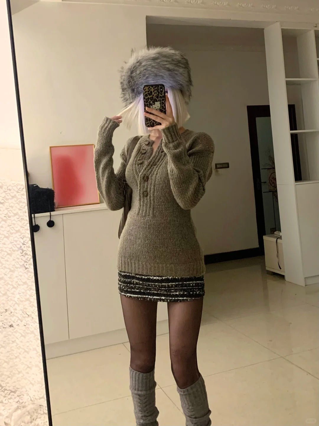 Gray Button Knit Dress with Layered Sequin Skirt Y2K Two - Piece Set - tutufox -