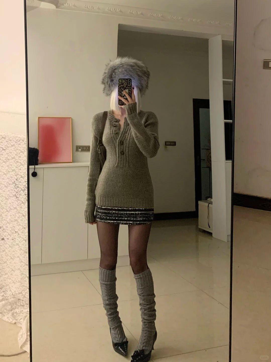 Gray Button Knit Dress with Layered Sequin Skirt Y2K Two - Piece Set - tutufox -