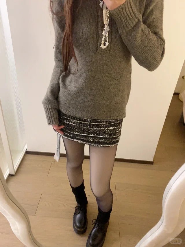 Gray Button Knit Dress with Layered Sequin Skirt Y2K Two - Piece Set - tutufox -