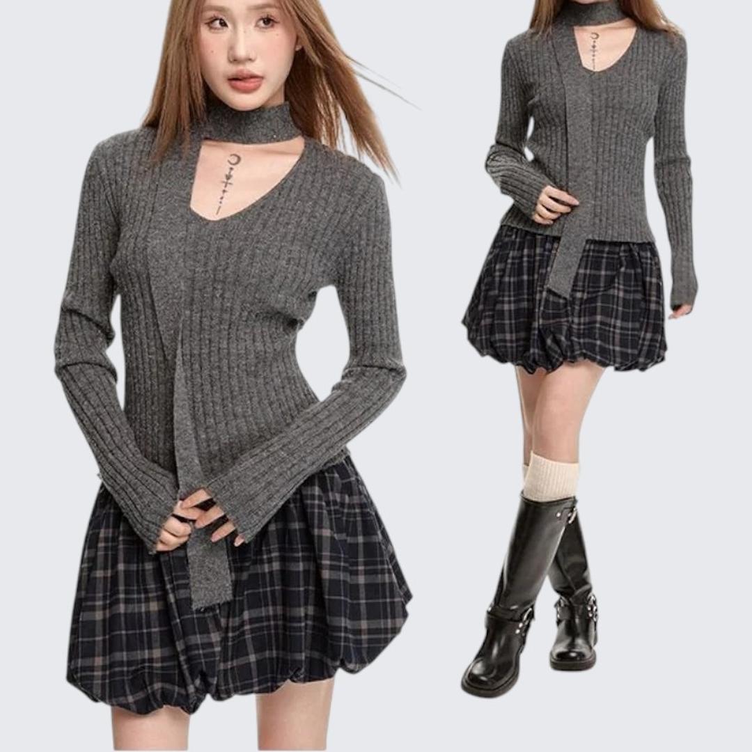 Gray Long - Sleeve V - Neck Sweater For Women - Autumn & Winter - tutufox -