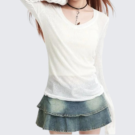 Gray Slightly Translucent Long-Sleeve Knitted Sweater For Women - Spring & Autumn