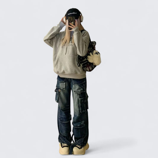 Grey Hoodie and Blue Cargo Jeans Y2K Outfit - tutufox -