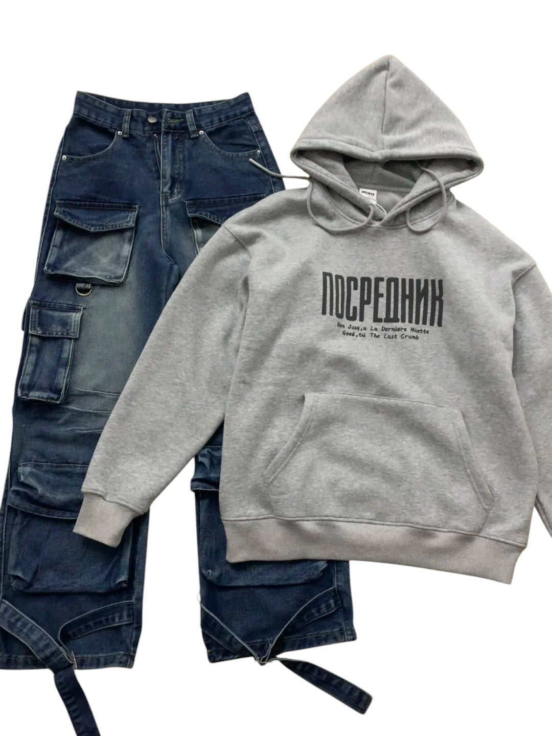 Grey Hoodie and Blue Cargo Jeans Y2K Outfit - tutufox -