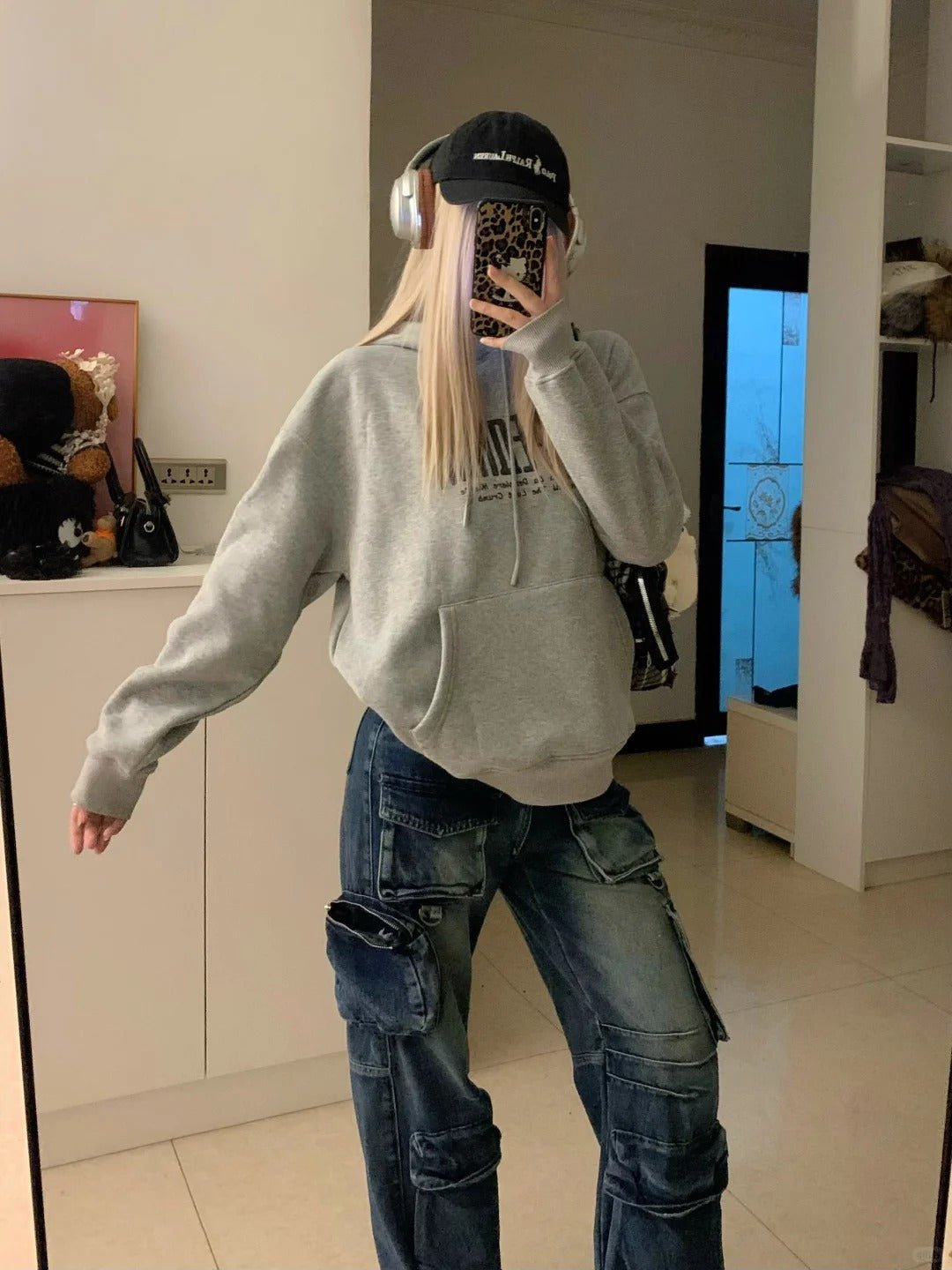 Grey Hoodie and Blue Cargo Jeans Y2K Outfit - tutufox -