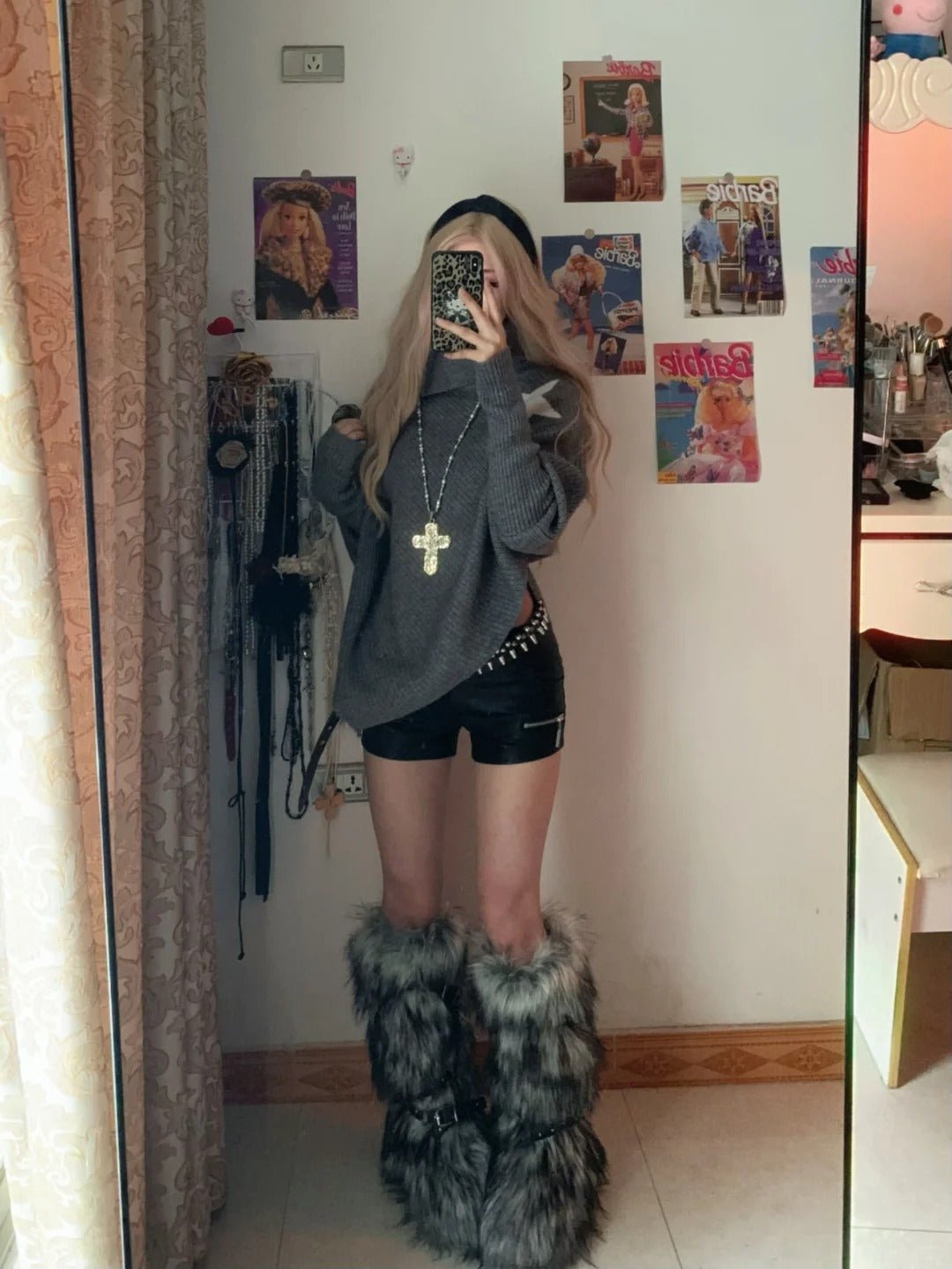 Grey Loose Sweater and Black Studded Leather Shorts Y2K Two Piece Sets - tutufox -