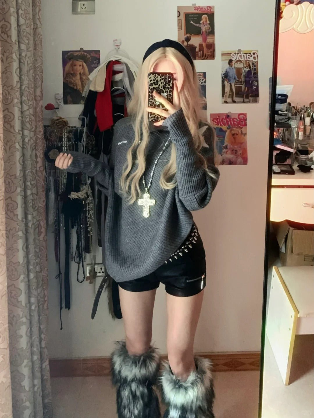 Grey Loose Sweater and Black Studded Leather Shorts Y2K Two Piece Sets - tutufox -