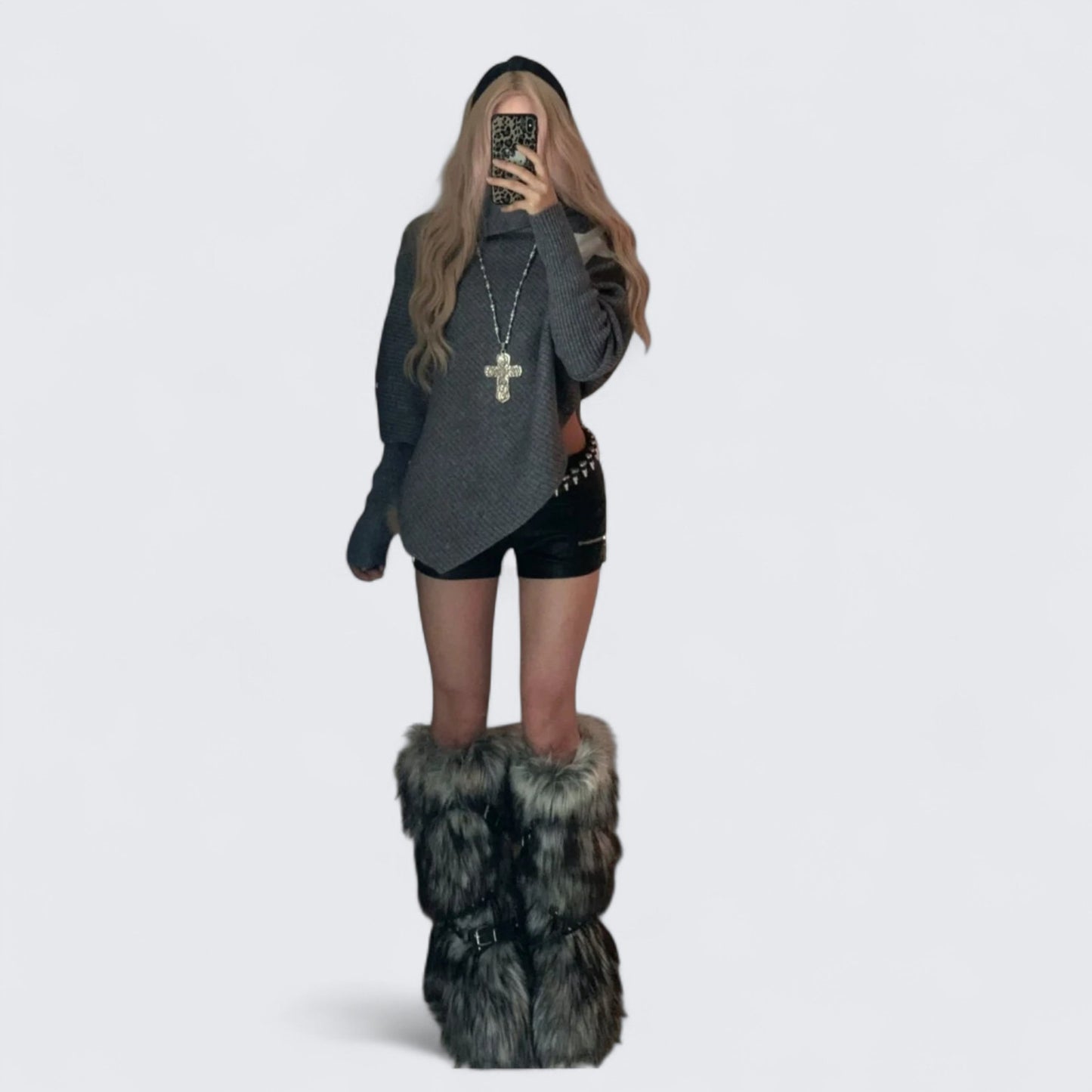 Grey Loose Sweater and Black Studded Leather Shorts Y2K Two Piece Sets - tutufox -