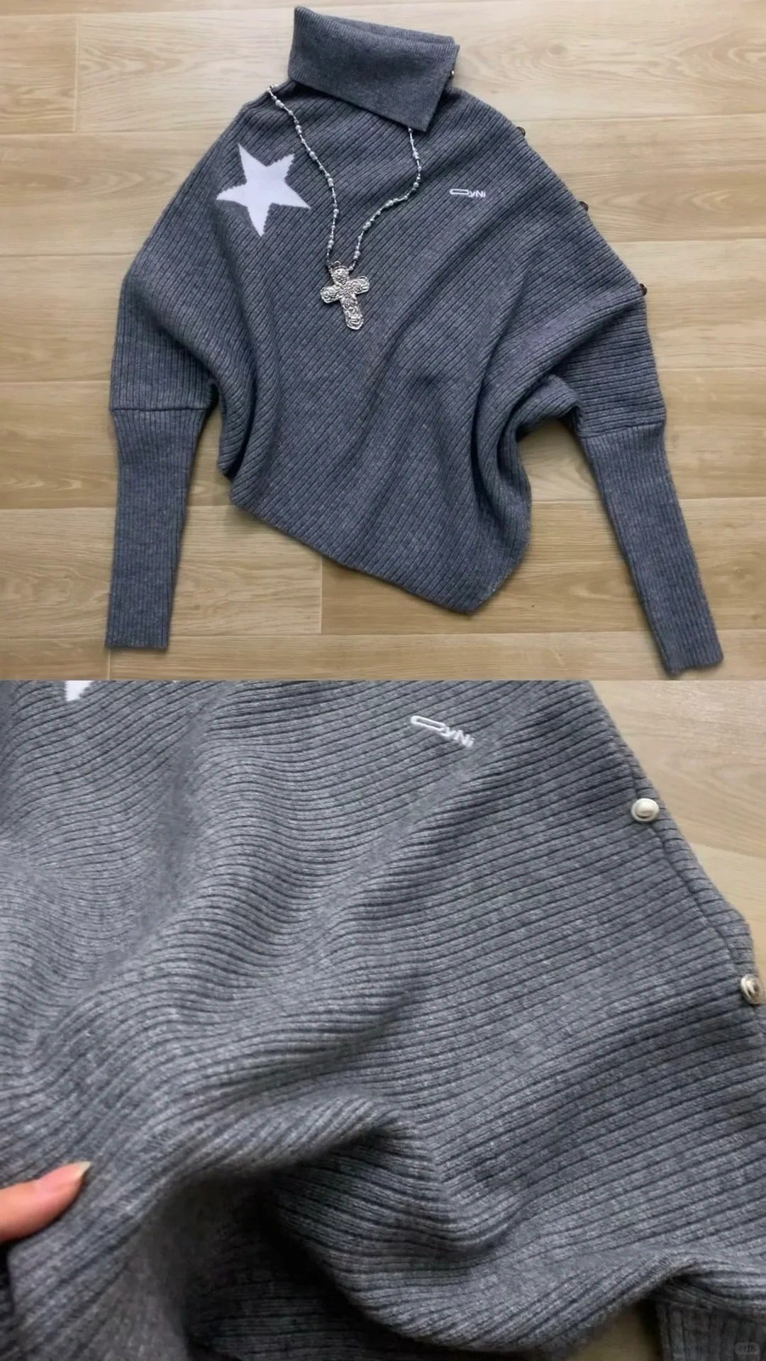 Grey Loose Sweater and Black Studded Leather Shorts Y2K Two Piece Sets - tutufox -