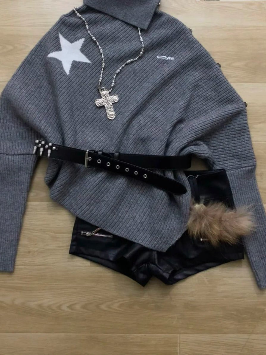 Grey Loose Sweater and Black Studded Leather Shorts Y2K Two Piece Sets - tutufox -