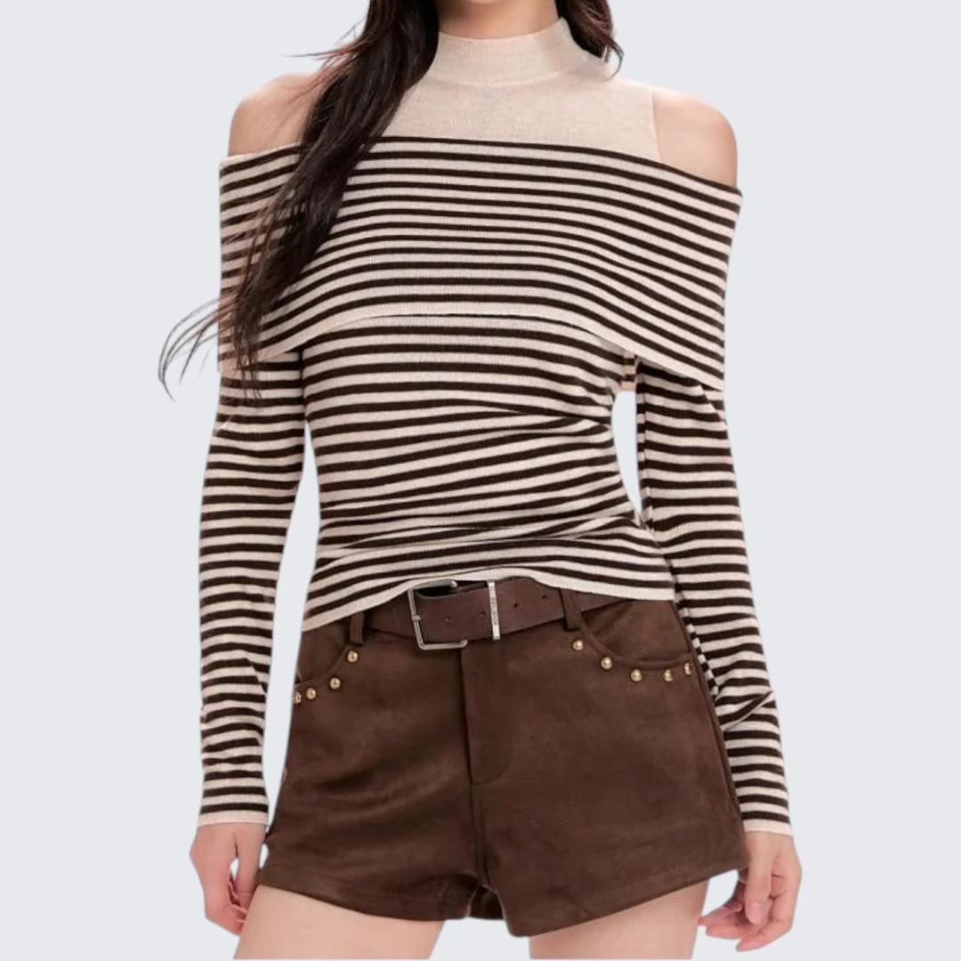 Half-High Collar Striped Fake Two-Piece Knitted Sweater - Spring & Autumn
