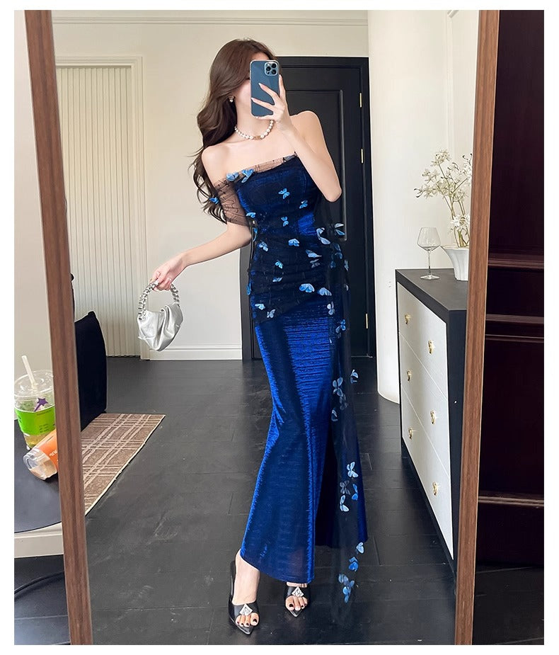 Royal blue strapless 3D butterfly mesh dress