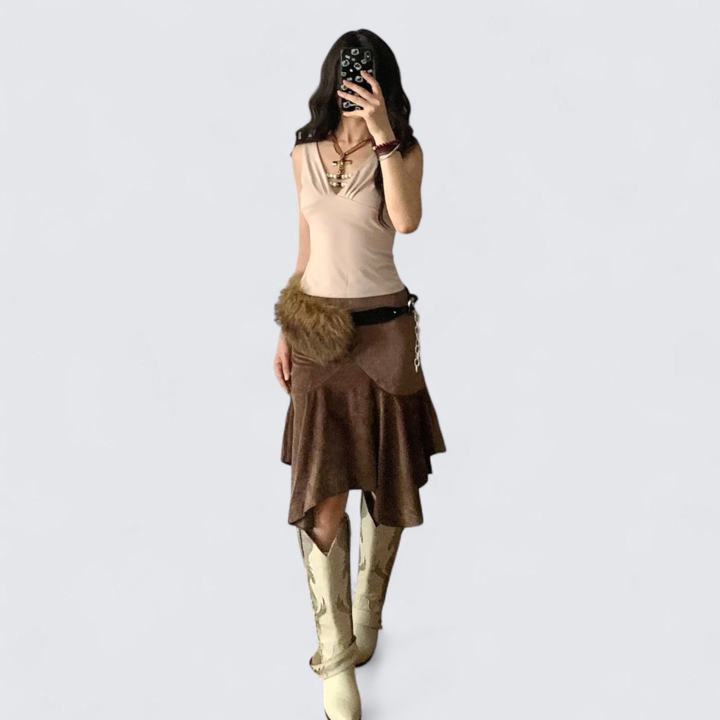 Pink V Neck Tank and Brown Skirt Y2K Two Pieces Sets
