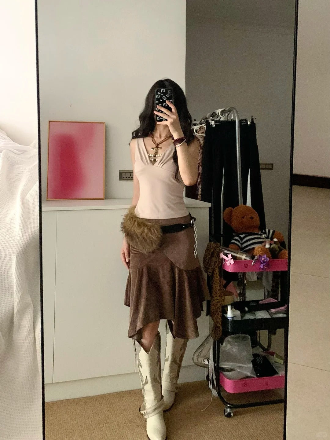 Pink V Neck Tank and Brown Skirt Y2K Two Pieces Sets