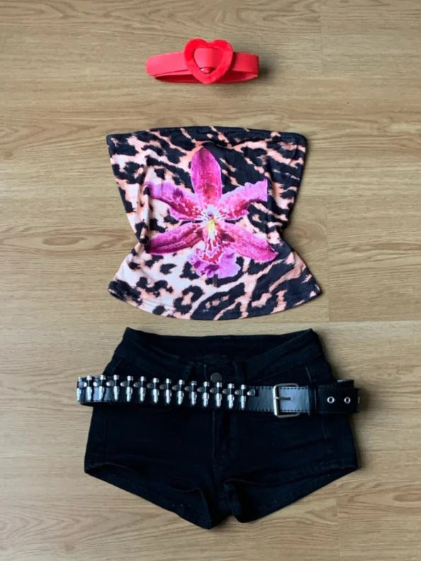 Y2k Floral Strapless Crop Top and Black Shorts Two Pieces Sets