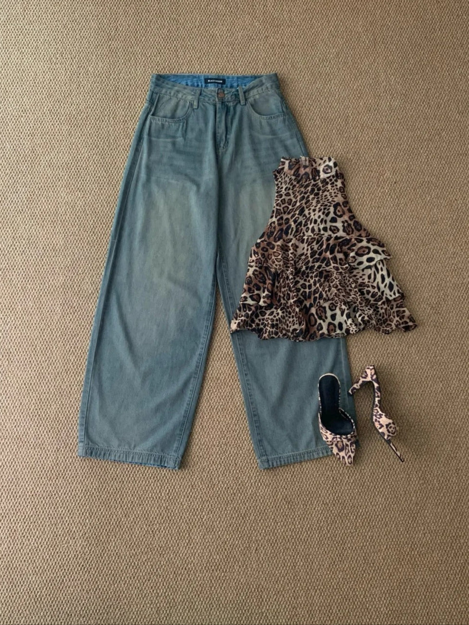 Brown Leopard Cami and Blue Jeans Y2K Two Pieces Sets