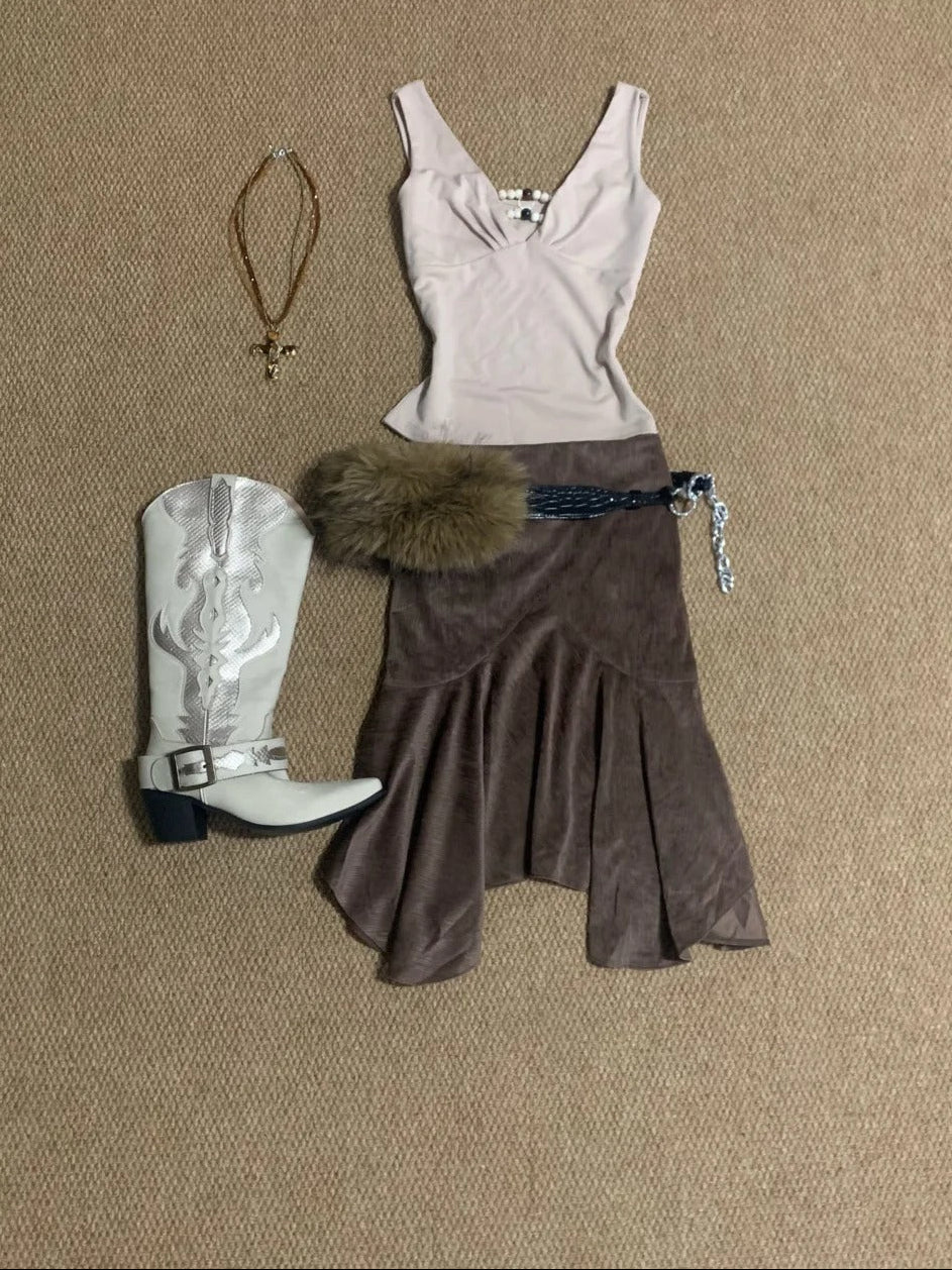 Pink V Neck Tank and Brown Skirt Y2K Two Pieces Sets