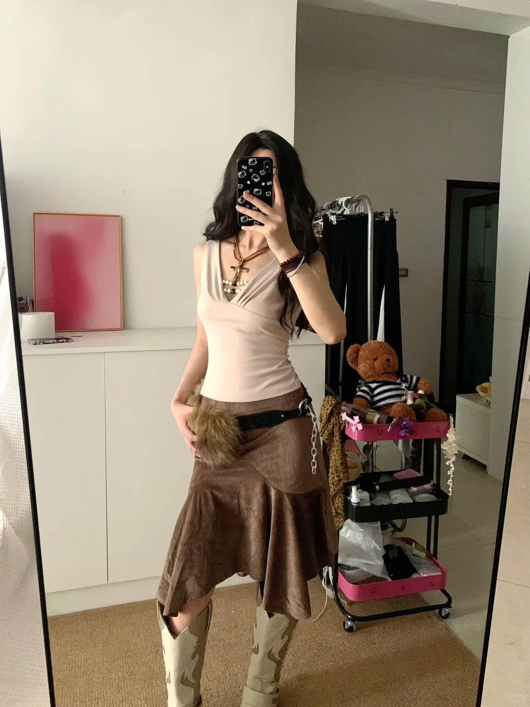 Pink V Neck Tank and Brown Skirt Y2K Two Pieces Sets