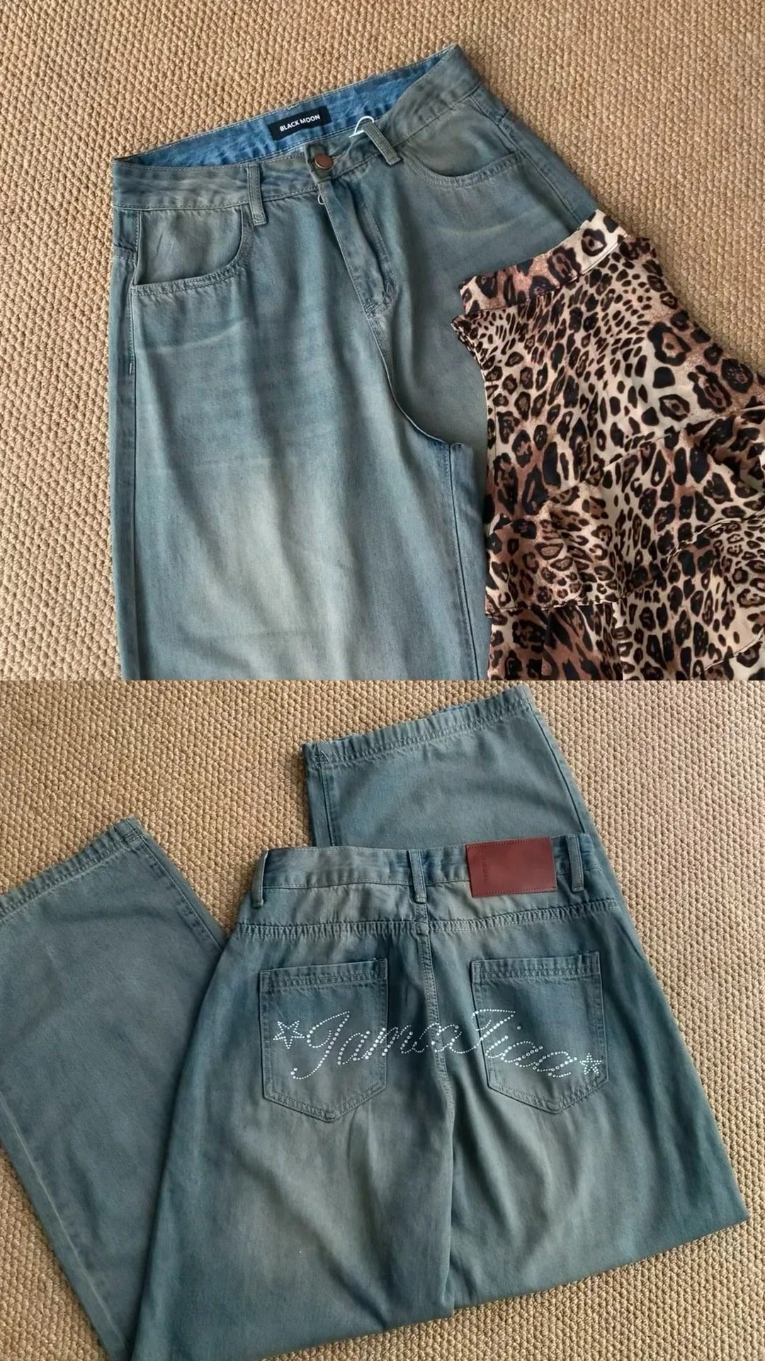 Brown Leopard Cami and Blue Jeans Y2K Two Pieces Sets