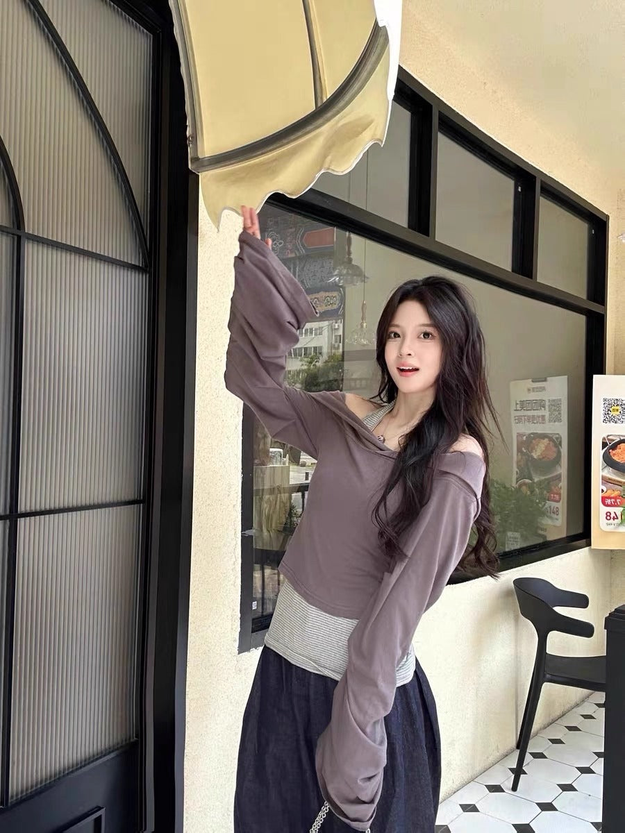 Off Shoulder Halter Layered Tee Set Women