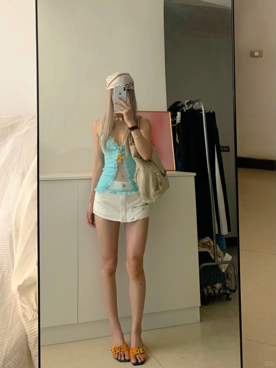 Blue Cami and White Denim Shorts Y2K Two Pieces Sets