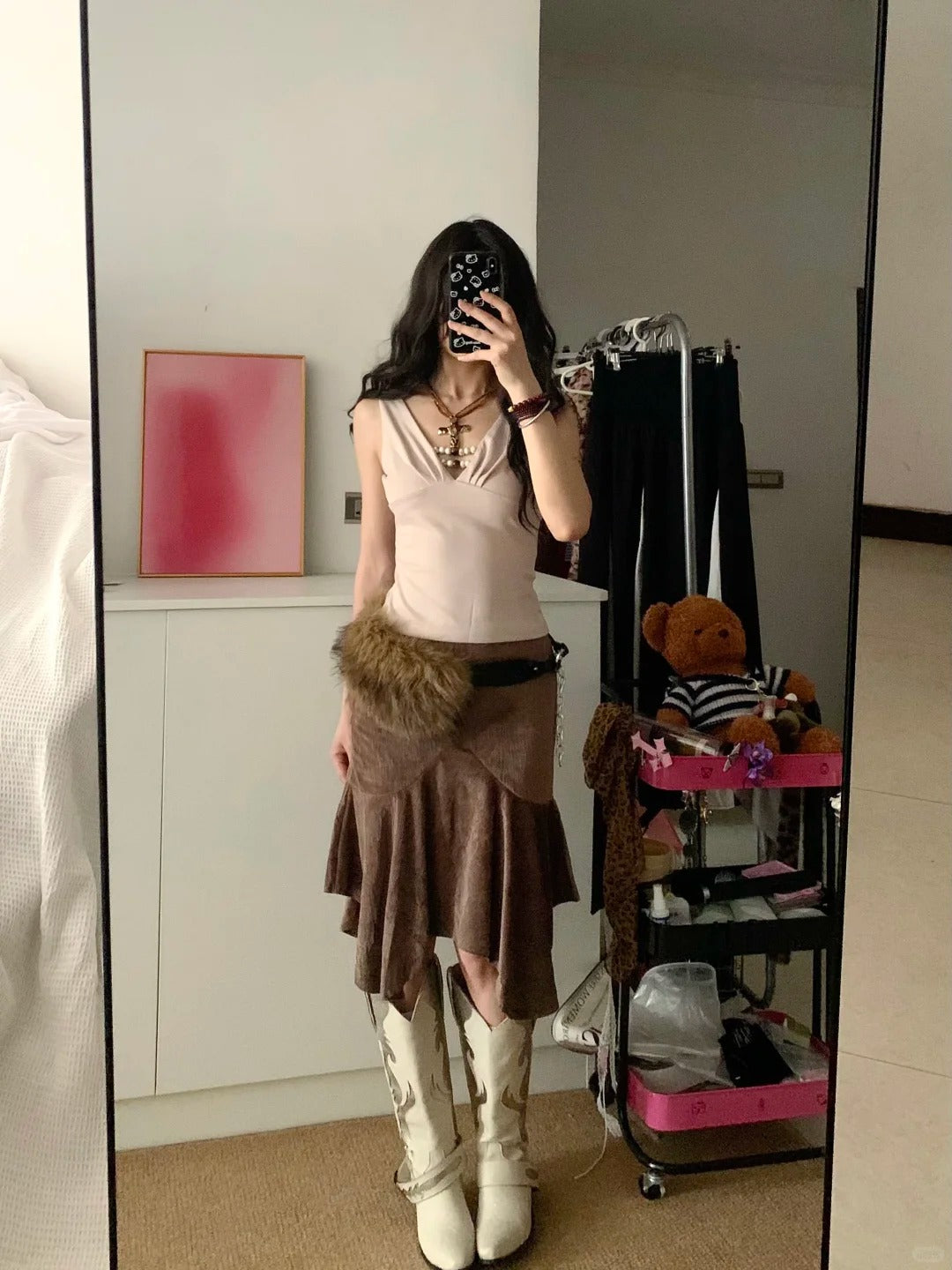 Pink V Neck Tank and Brown Skirt Y2K Two Pieces Sets