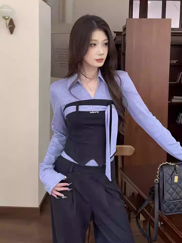 Korean Contrast Collar Layered Knit Top