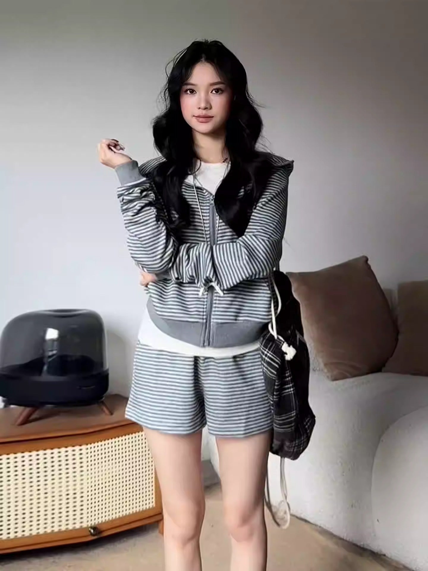 Korean Gray Stripe Loungewear Set Women