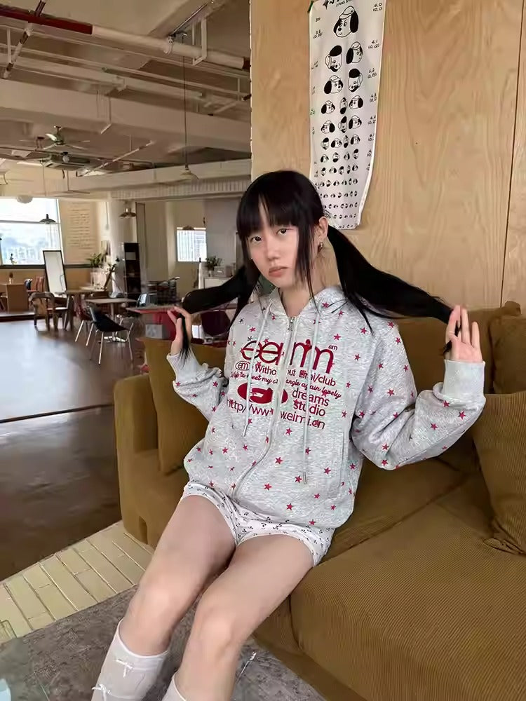 Star Print Zip Hoodie Women