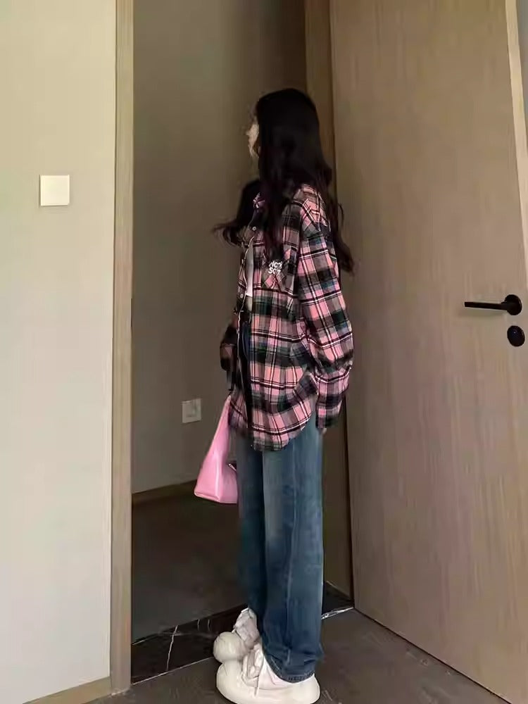 Pink Plaid Embroidered Shirt Women