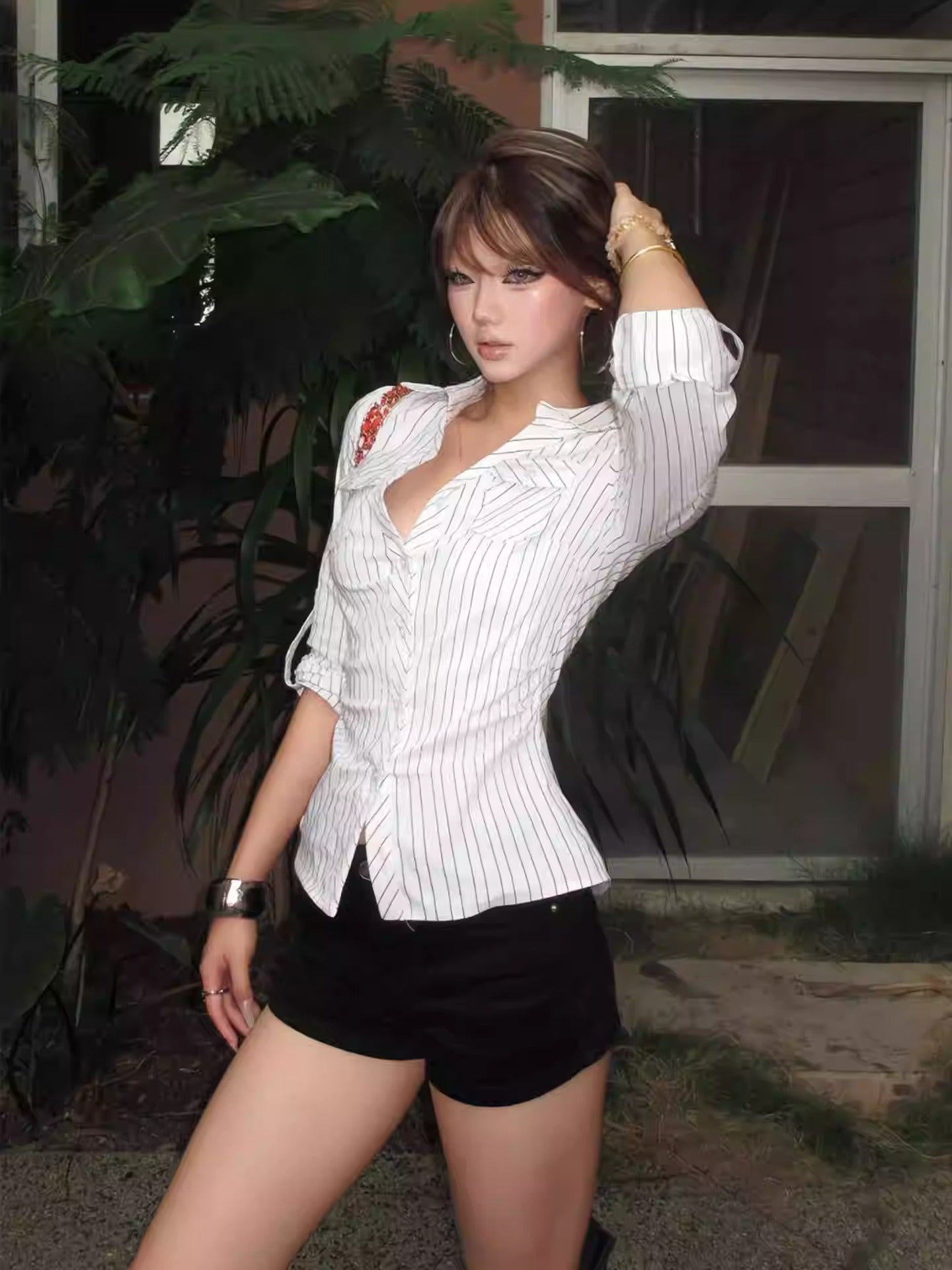 Striped V Neck Shirt Women