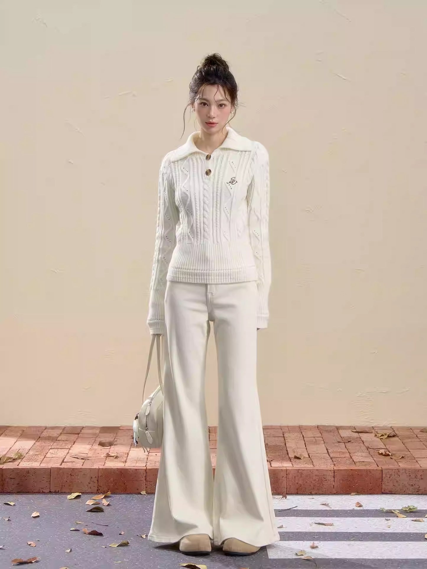 White Embroidered Cable Knit Sweater Women