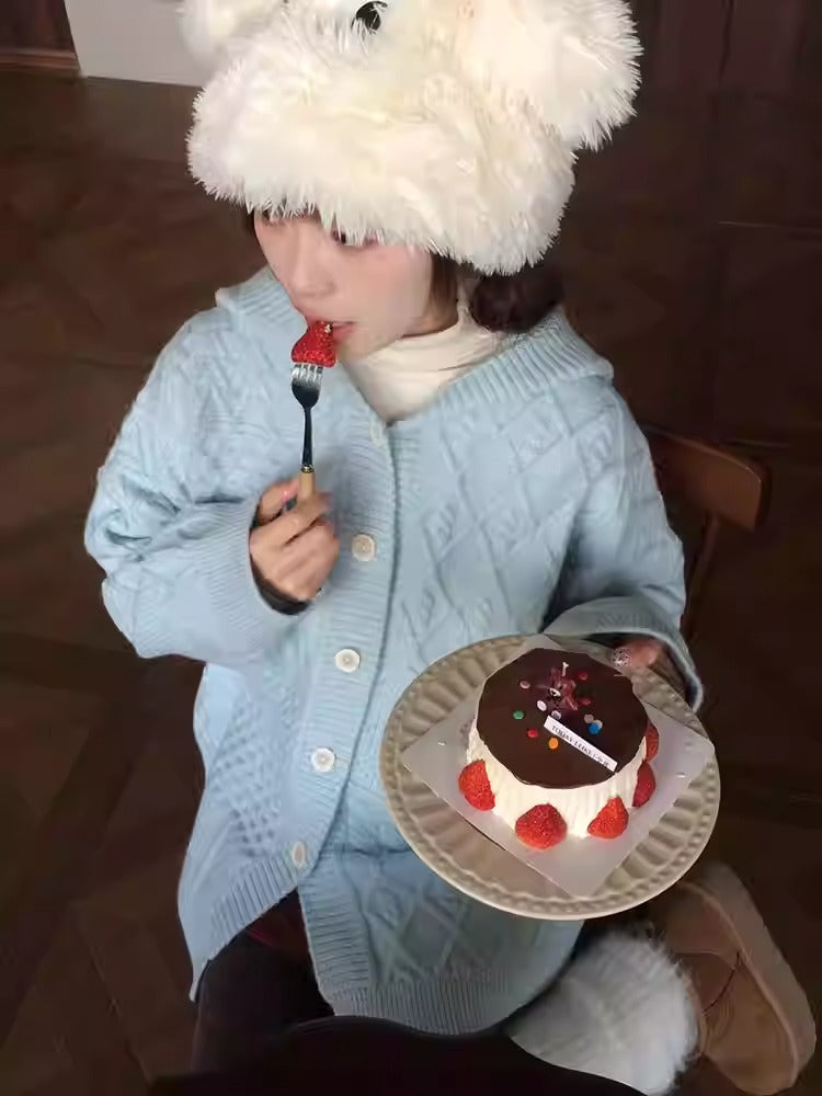 Blue Hooded Knit Cardigan Women