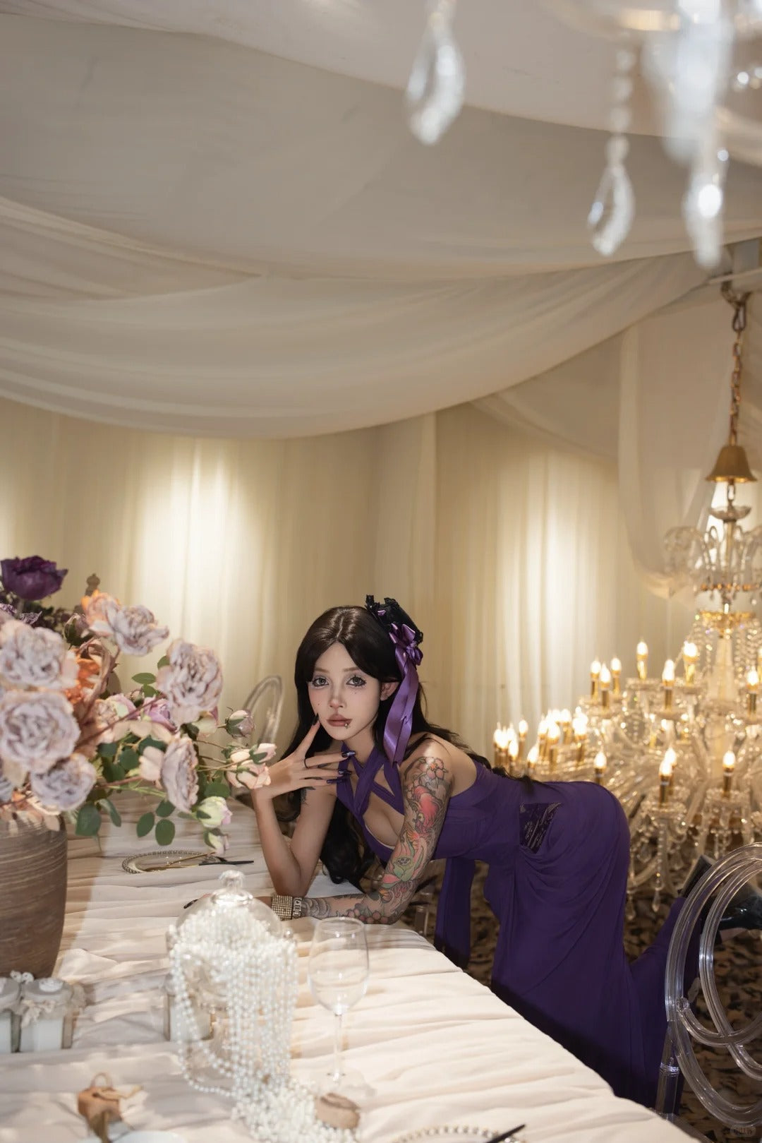 French Lace Mermaid Purple Tulle Waist Gown Dress