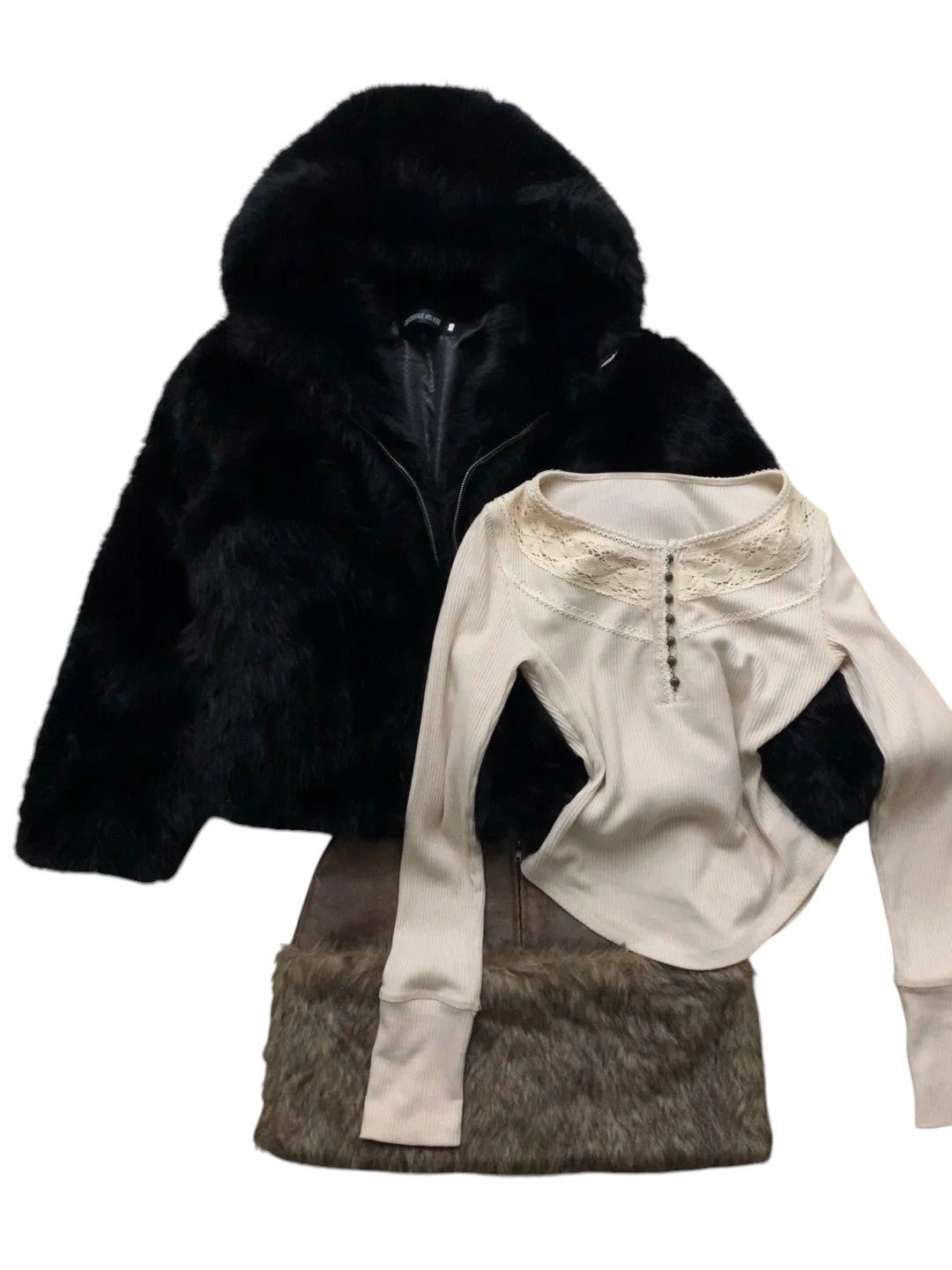 Ivory Lace Long Sleeve Top with Brown Fur Skirt and Black Fur Coat Y2K Outfit - tutufox -
