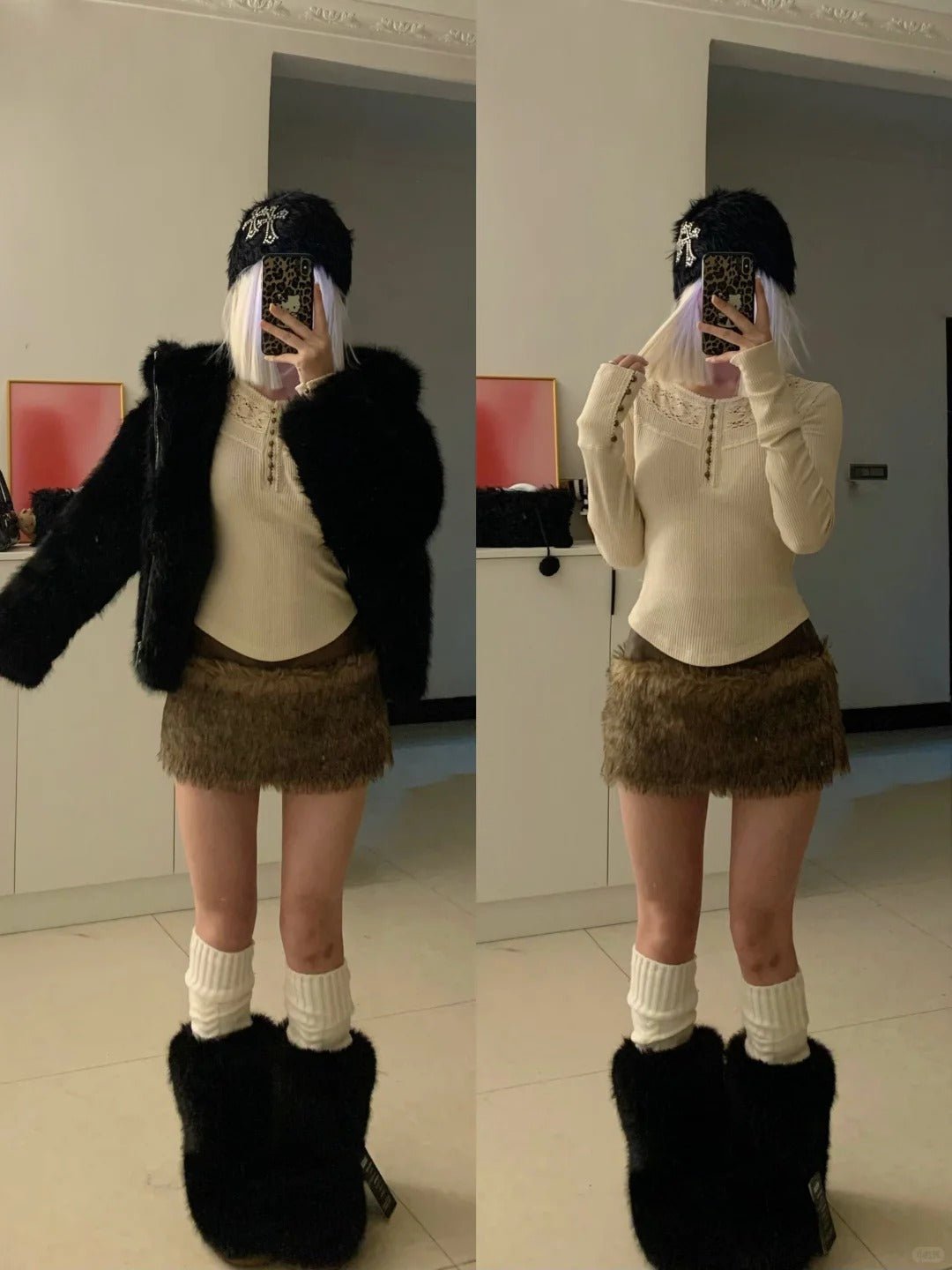 Ivory Lace Long Sleeve Top with Brown Fur Skirt and Black Fur Coat Y2K Outfit - tutufox -