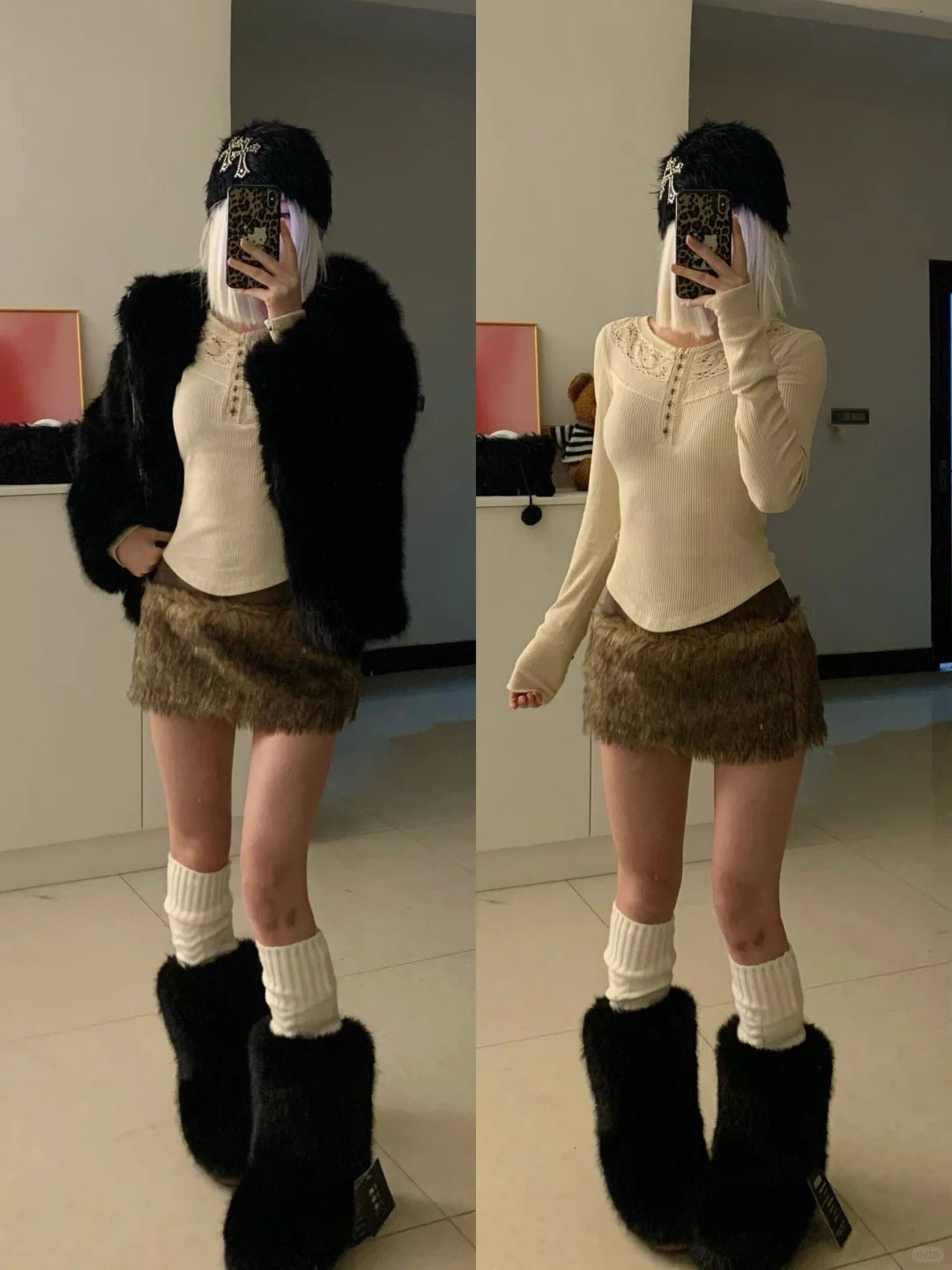 Ivory Lace Long Sleeve Top with Brown Fur Skirt and Black Fur Coat Y2K Outfit - tutufox -