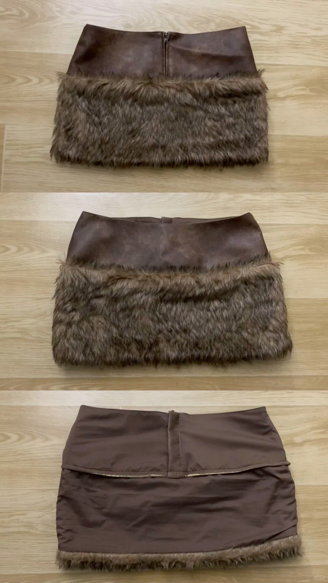 Ivory Lace Long Sleeve Top with Brown Fur Skirt and Black Fur Coat Y2K Outfit - tutufox -