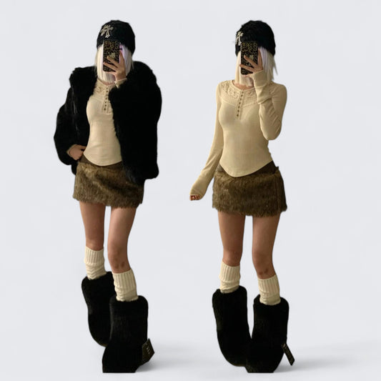 Ivory Lace Long Sleeve Top with Brown Fur Skirt and Black Fur Coat Y2K Outfit - tutufox -