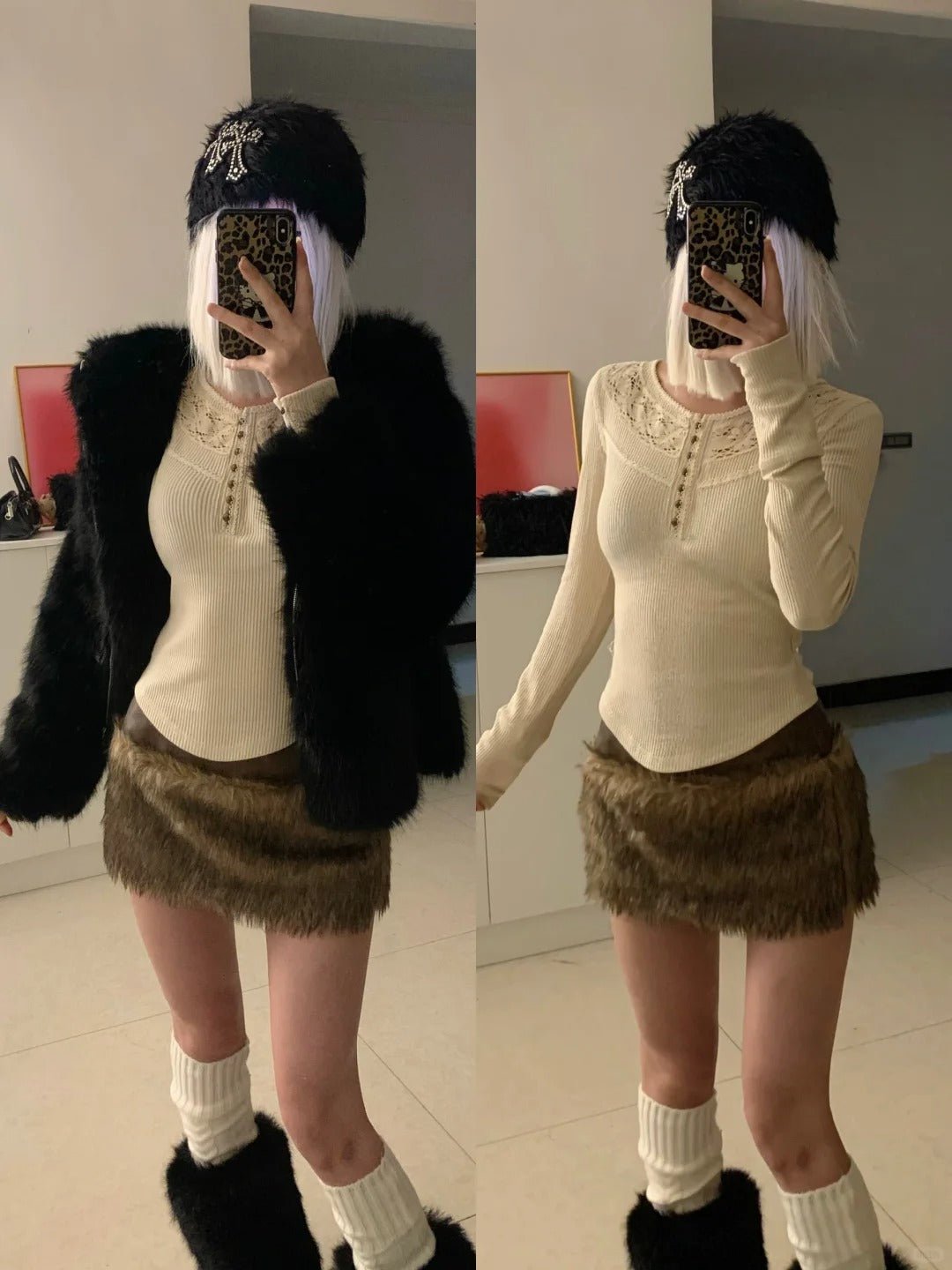 Ivory Lace Long Sleeve Top with Brown Fur Skirt and Black Fur Coat Y2K Outfit - tutufox -