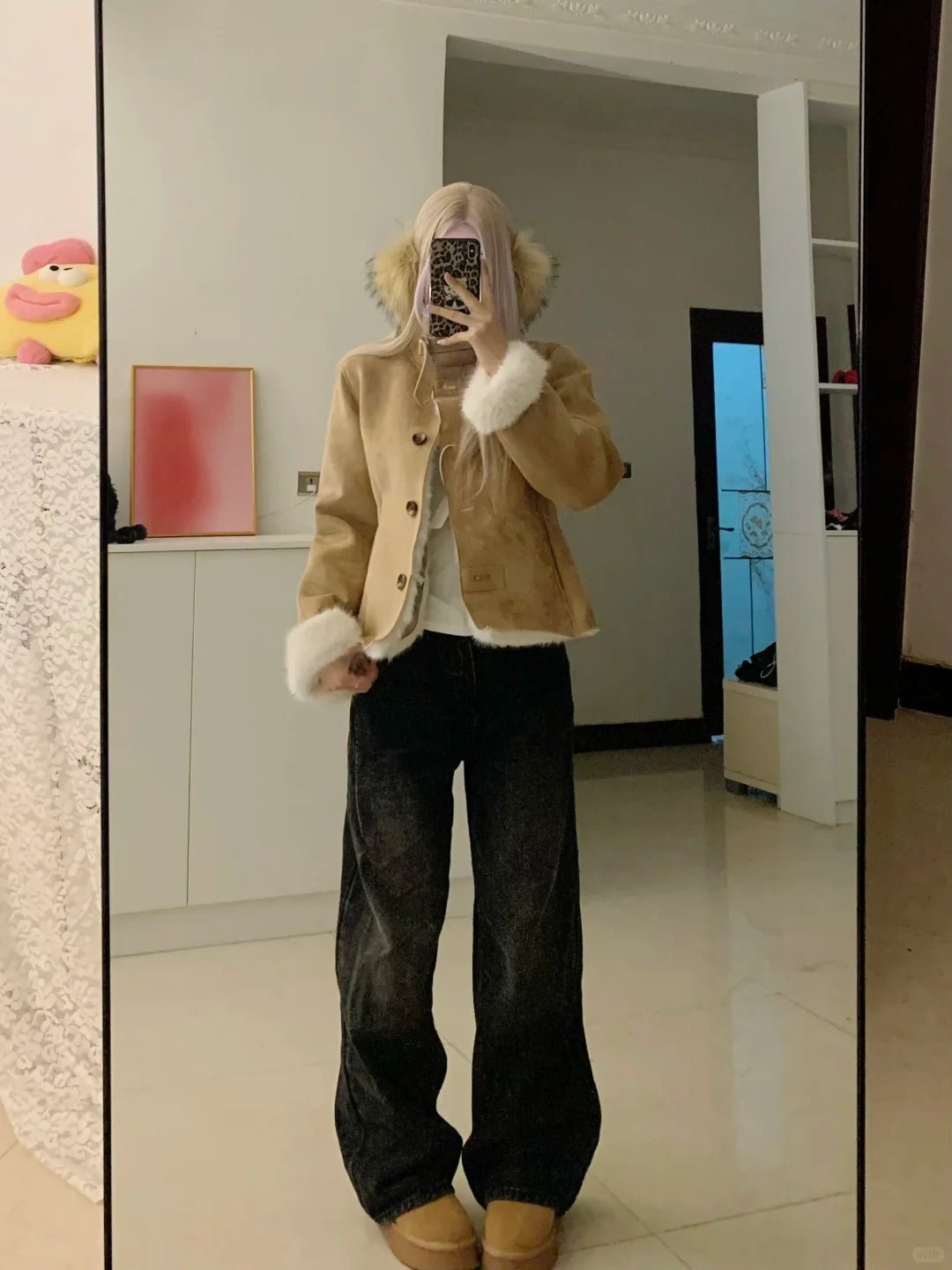 Khaki Fur Jacket with White Top and Blue Jeans Y2K Three - Piece Set - tutufox -