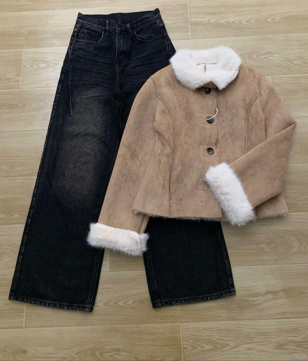 Khaki Fur Jacket with White Top and Blue Jeans Y2K Three - Piece Set - tutufox -
