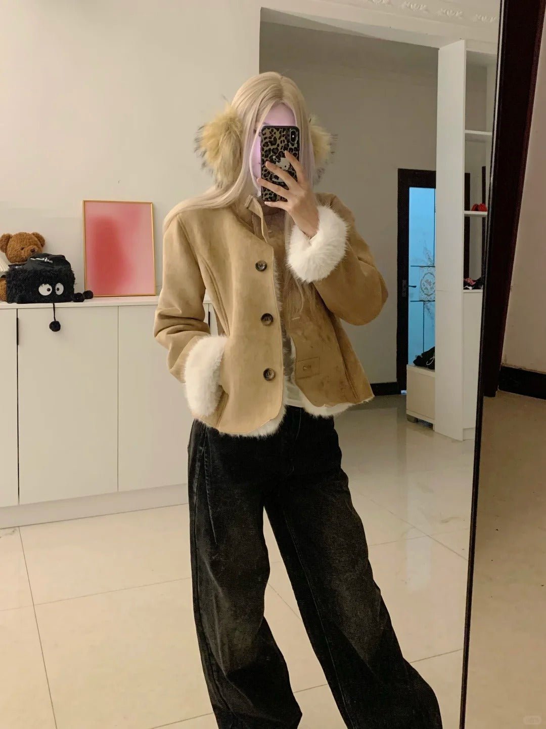 Khaki Fur Jacket with White Top and Blue Jeans Y2K Three - Piece Set - tutufox -