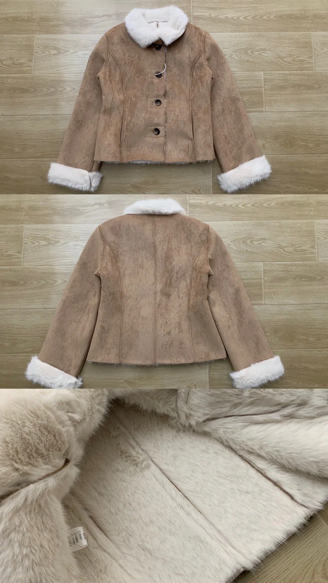 Khaki Fur Jacket with White Top and Blue Jeans Y2K Three - Piece Set - tutufox -