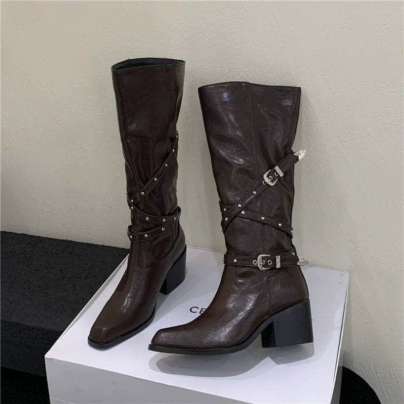 Korean Fashion Boots Luxury Buckle Petite Chunky Heel Knee High Over The Knee Fashionable Slim Boots - tutufox - shoes