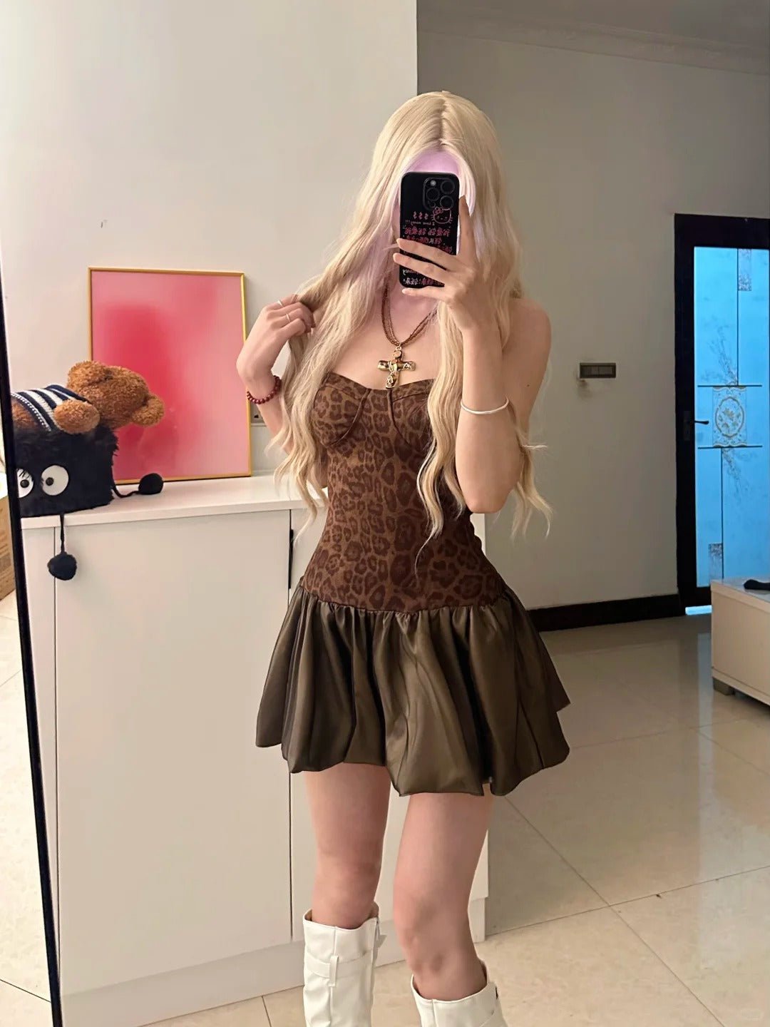 Leopard Bustier Top and Olive Ruffle Skirt Y2K Two Piece Sets - tutufox -