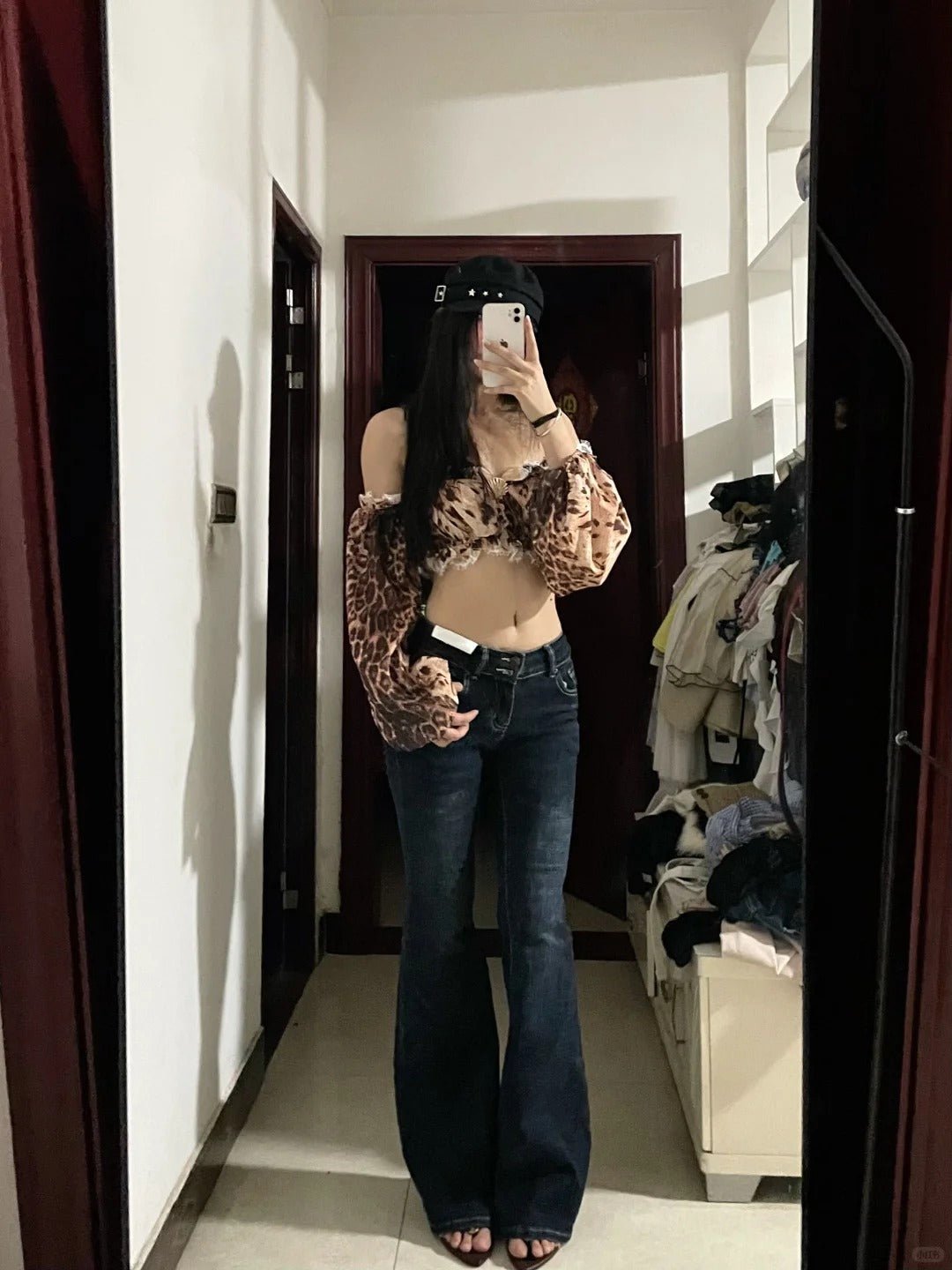 Leopard Off - Shoulder Lace Trim Crop Top and Dark Blue Flared Jeans Y2K Two Pieces Sets - tutufox -