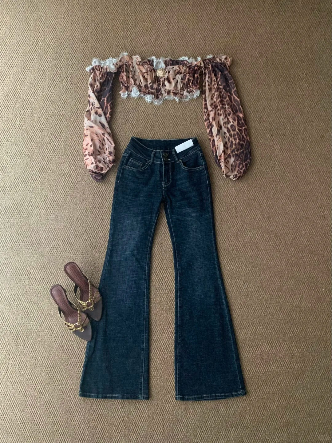 Leopard Off - Shoulder Lace Trim Crop Top and Dark Blue Flared Jeans Y2K Two Pieces Sets - tutufox -