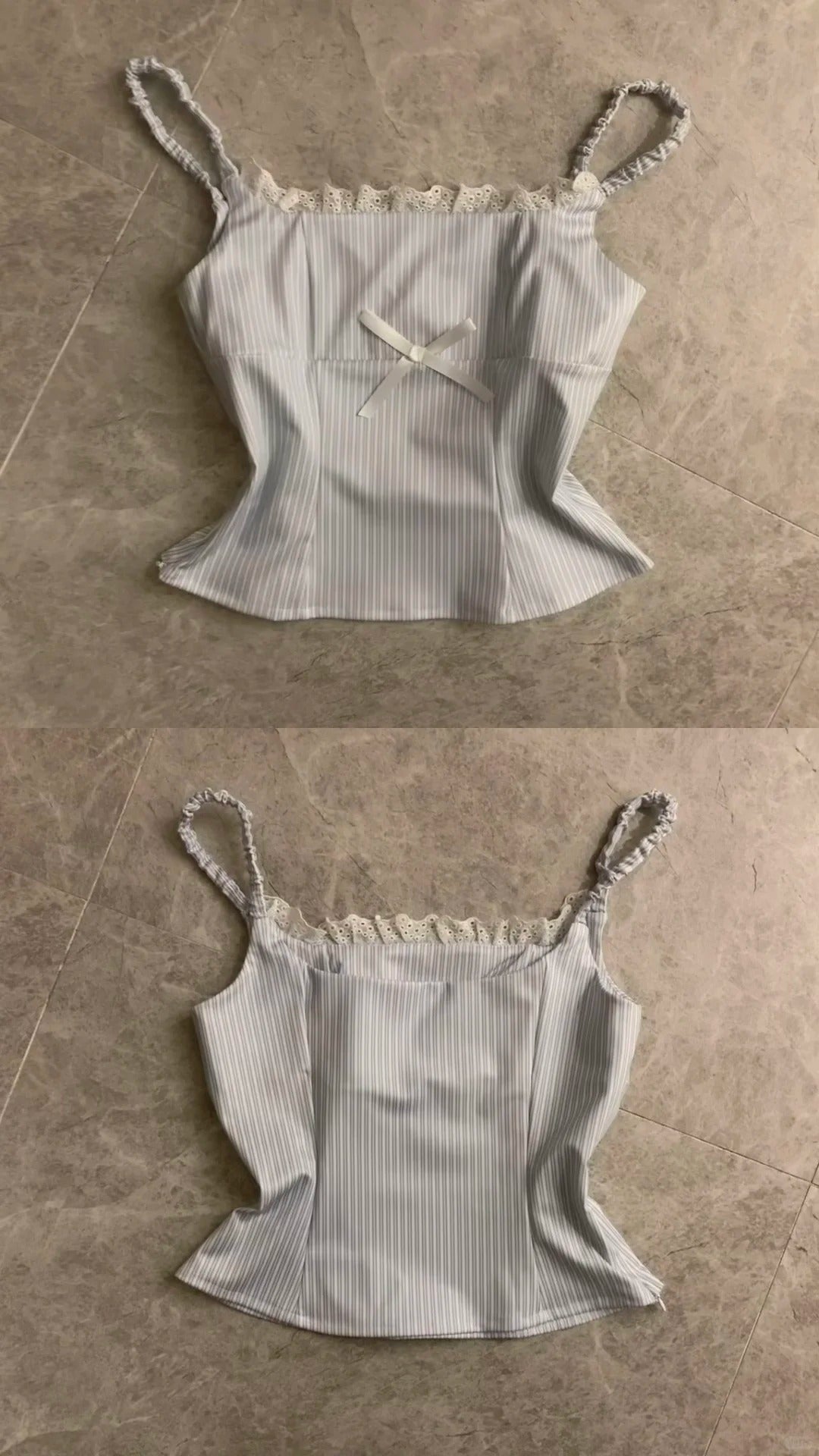 Light Blue Striped Cami Top and White Lace Hem Mini Skirt Y2K Two Piece Sets - tutufox -